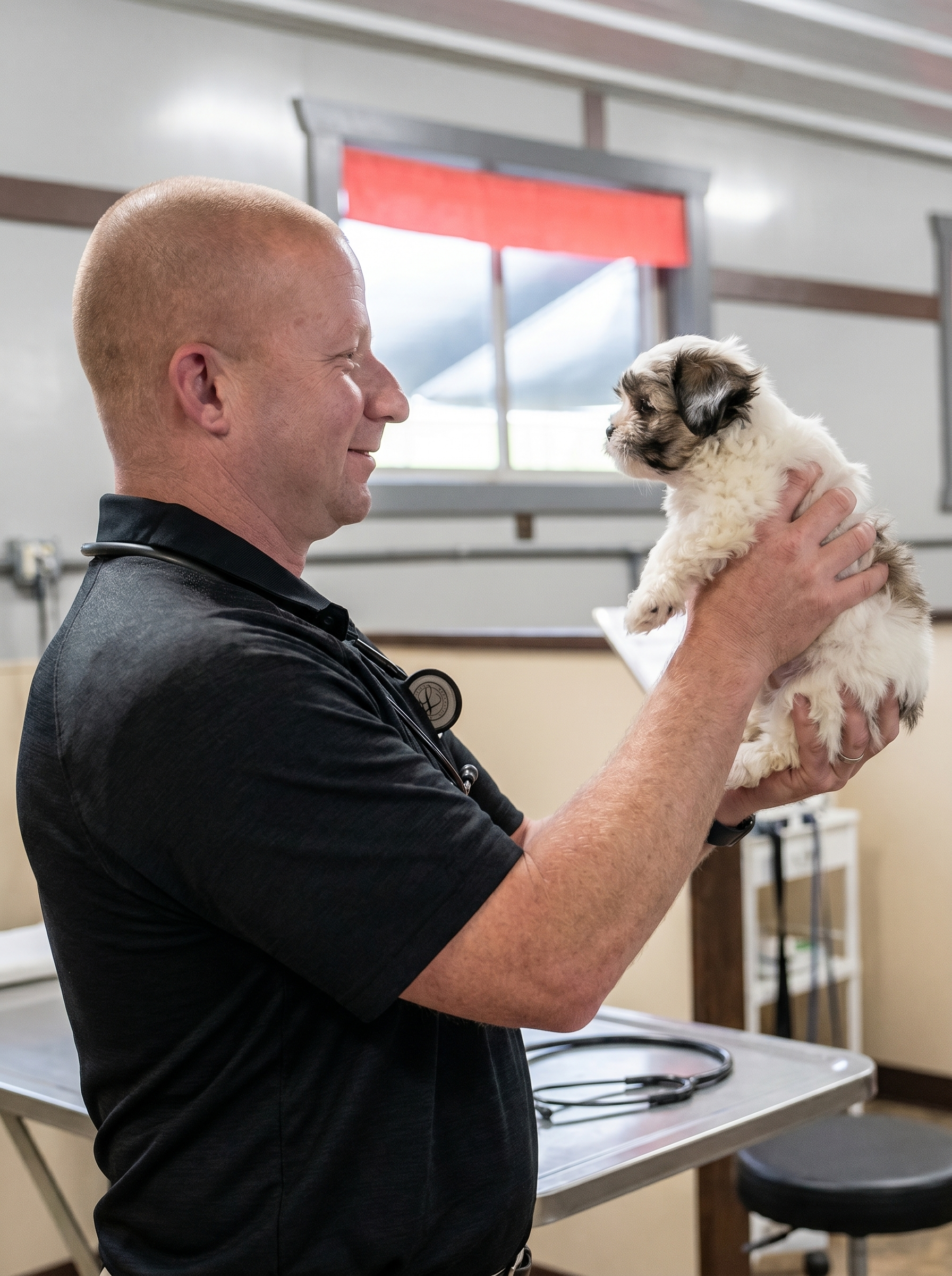 Licensed veterinarian conducting independent medical evaluation for a Pilesgrove Pups breeder