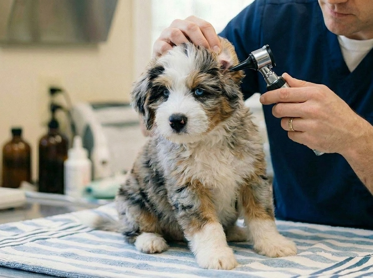 Veterinarian performing a pre-placement nose-to-tail examination on a Pilesgrove Pups puppy