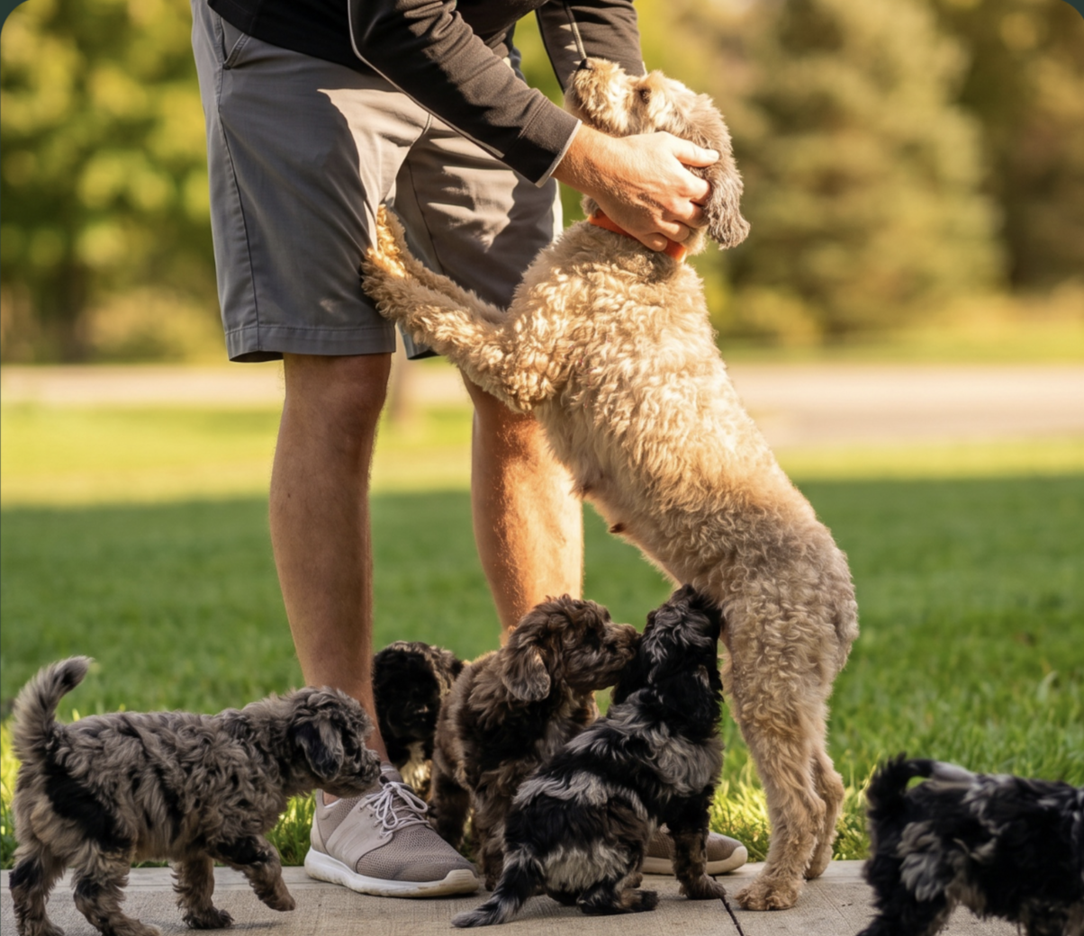 a man with a dog and her puppies - pilesgrove pups parent dogs are loved