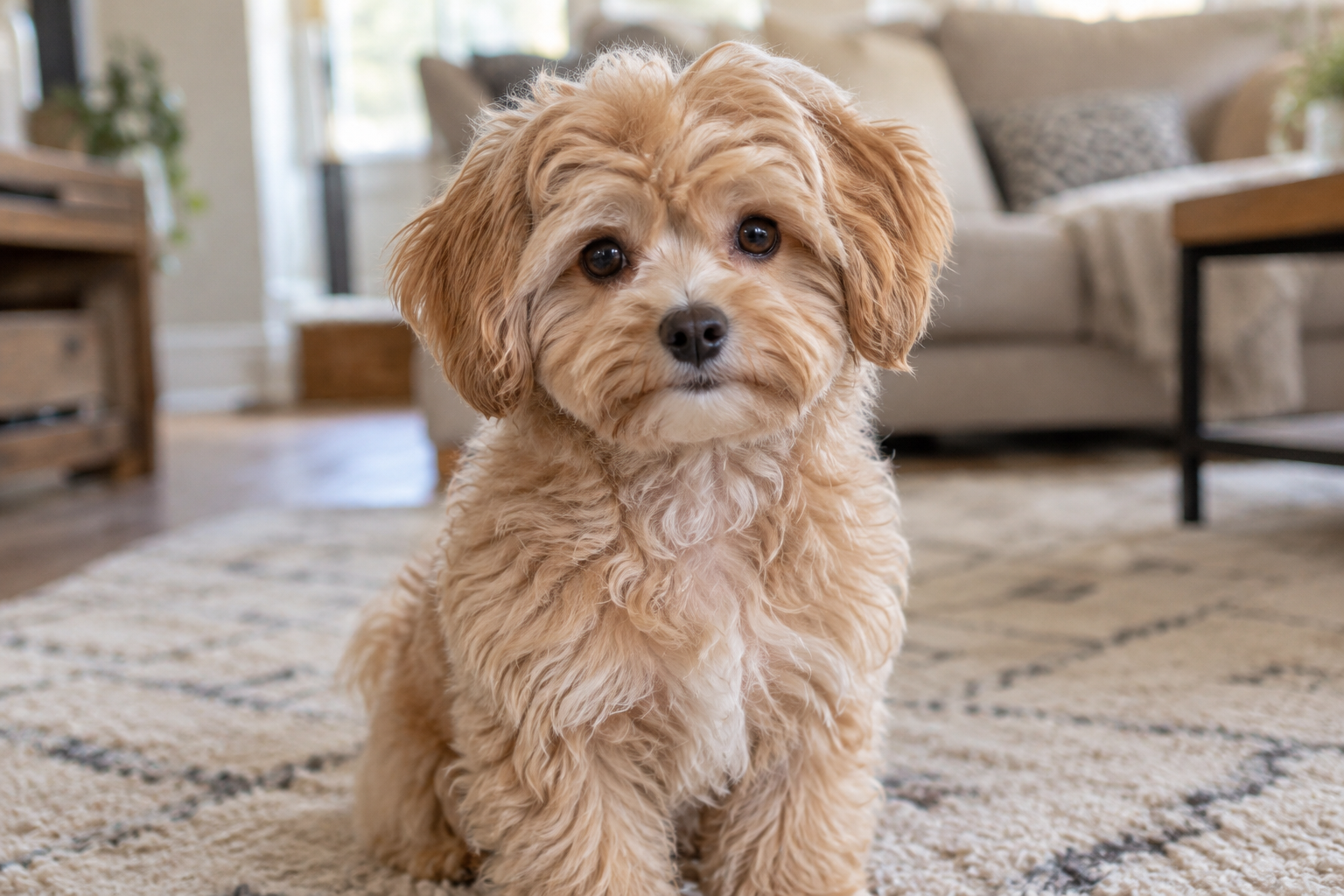 pomapoo with cream coat sitting on the floor in a living room
