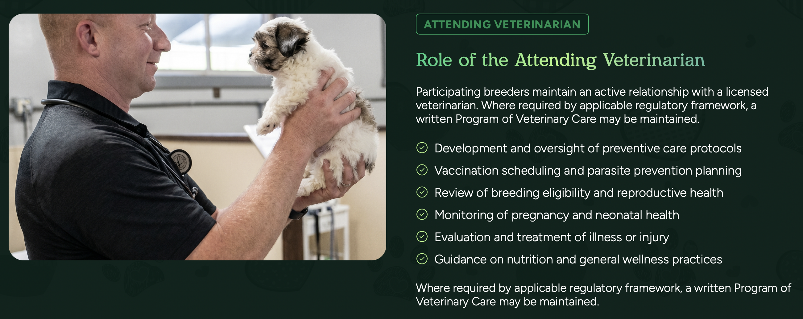 role of attending veterinarian at pilesgrove pups