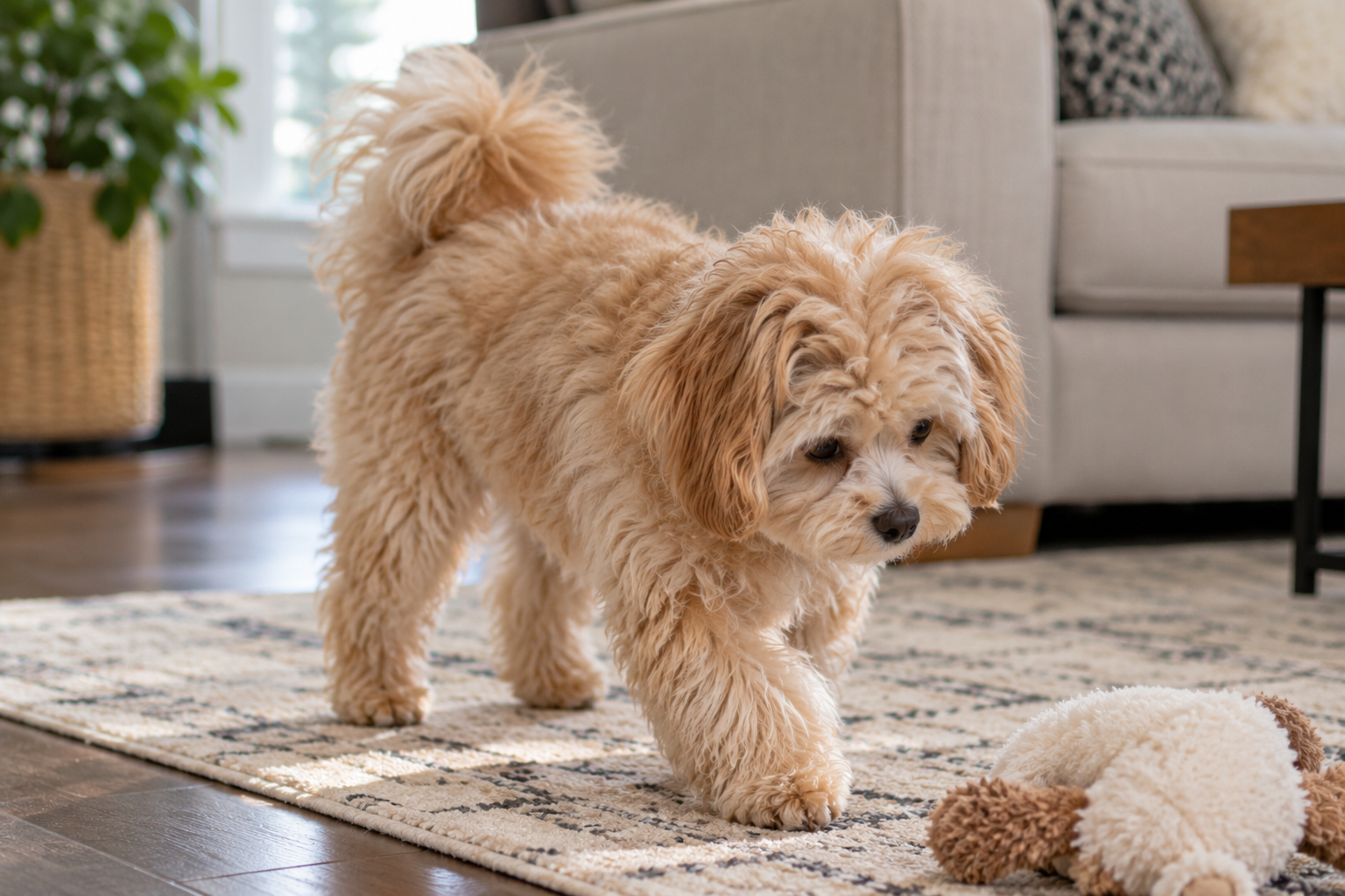 Fluffy pomapoo Dog Sniffing a Plush Toy