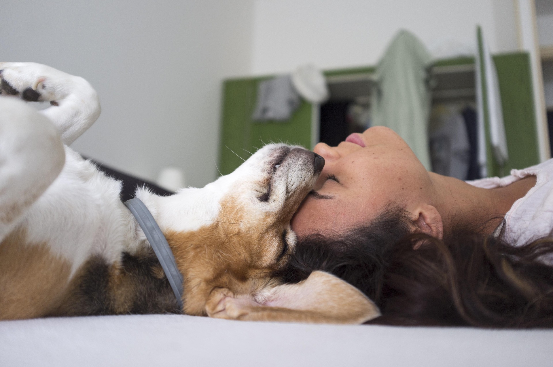 a woman and her dog laying on their backs - pilesgrove pups team of dog lovers